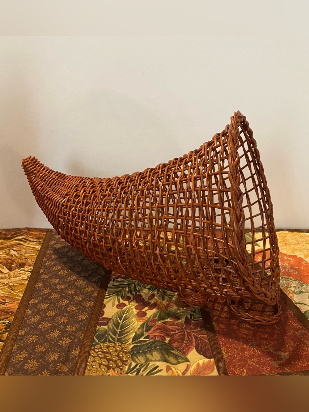 Vintage Woven Rattan Cornucopia Basket - Hanging or Tabletop - Fall Harvest